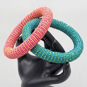 Micro Beaded Bangle Bracelets Set of 2 Slip On Pink Blue Green Handmade